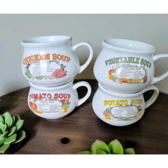 DDJ Recipe Soup Mugs VTG (Ceramic Set of 4) - Tomato, Vegetable, Chicken, Potato - Picture 1 of 2